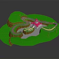 Mini Toy Car Driving On Winding Road Near Pink Castle And Green Lawn