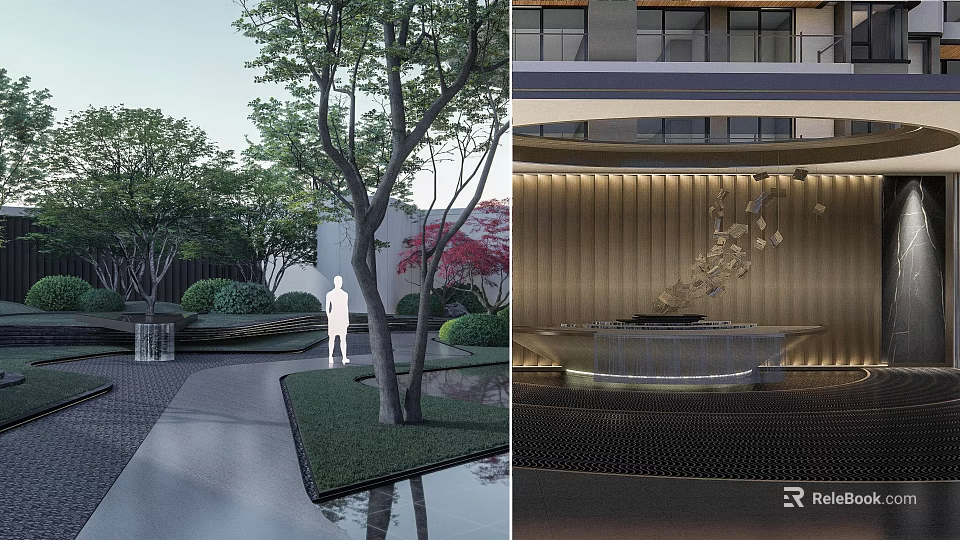 Modern Sales Office Building with Landscaped Gardens Reception Area and Elegant Decor 3d model 