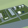 Industrial Facility Layout 3D Model With Main Building Storage Tanks And Chimneys