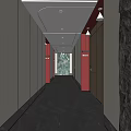 Modern Hotel Corridor Interior Design With Beige Walls Red Accents Recessed Lights And Green Mural