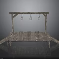 Rustic Wooden Platform Structure With Top Beam Three Hooks And Small Stools