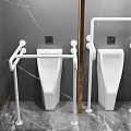 Contemporary Bathroom Interior With White Urinals Safety Grab Bars And Marble Walls