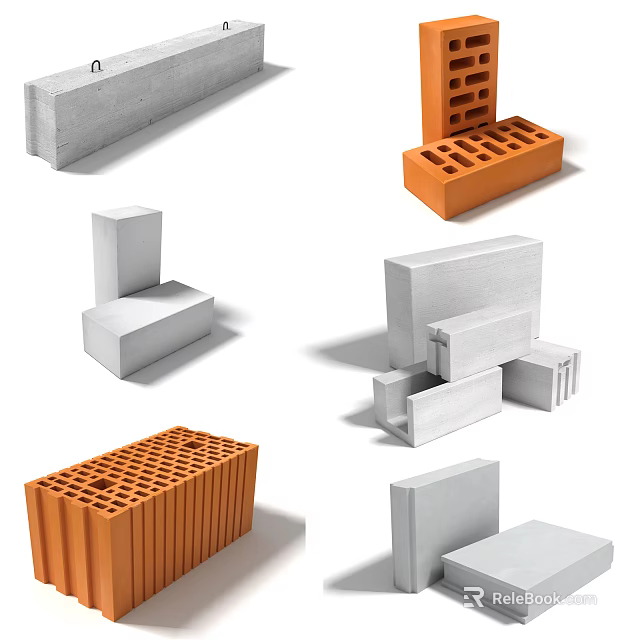Various Types of Building Components Including Gray Orange Concrete and Hollow Bricks 3d model 