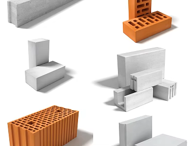 Various Types of Building Components Including Gray Orange Concrete and Hollow Bricks 3d model