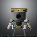 Small Robot With Yellow Top White Body Black Camera Lens Mechanical Legs And Blue Accents