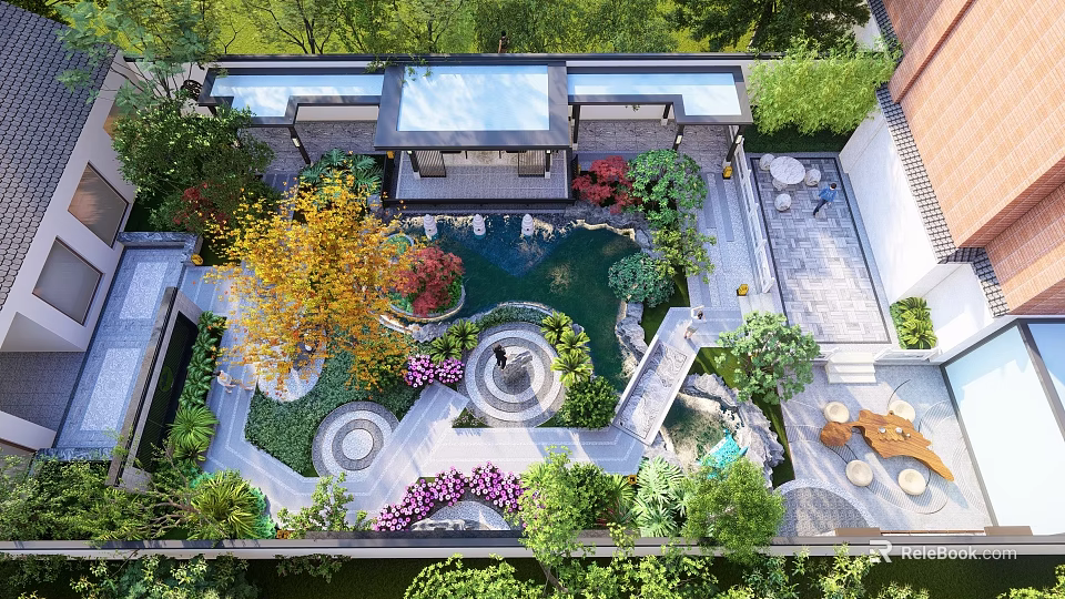 Serene Water Fountain in Lush Courtyard with Greenery Flowers and Stone Pathways 3d model 