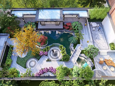Serene Water Fountain in Lush Courtyard with Greenery Flowers and Stone Pathways 3d model