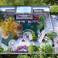 Serene Water Fountain in Lush Courtyard with Greenery Flowers and Stone Pathways