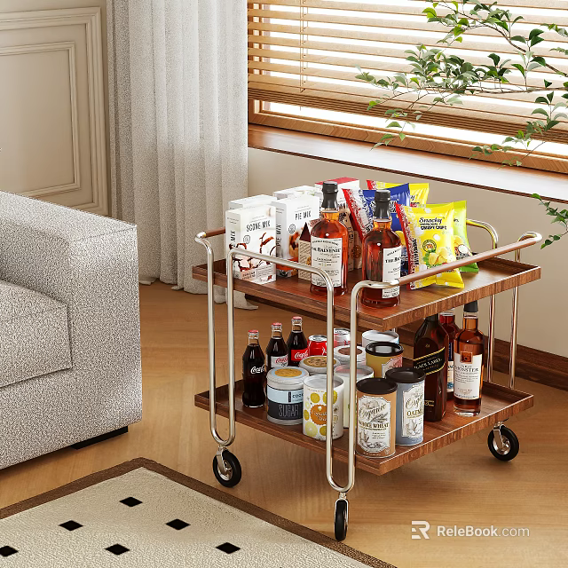 Mobile Two Tier Wooden Serving Cart with Wheels for Living Room Drinks and Snacks 3d model 