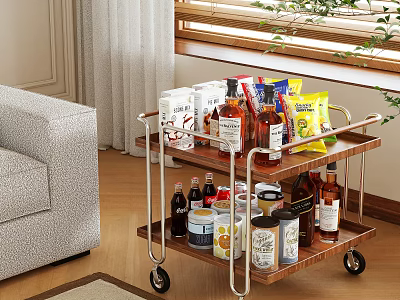 Mobile Two Tier Wooden Serving Cart with Wheels for Living Room Drinks and Snacks 3d model