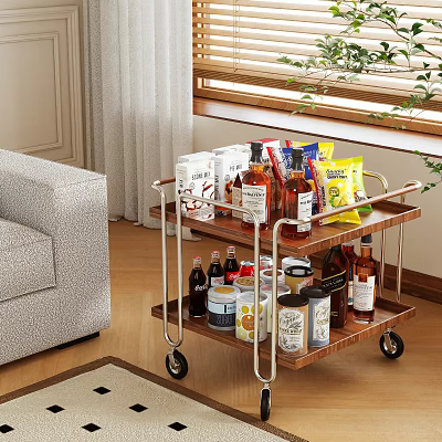 Mobile Two Tier Wooden Serving Cart with Wheels for Living Room Drinks and Snacks 3d model