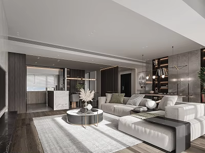 Modern Living and Dining Room with Sofa Coffee Table Pendant Lighting and Wooden Floor 3d model