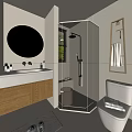 Elegant Modern Bathroom Interior with Round Mirror Vanity Shower Area Toilet and Natural Light