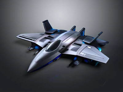 Futuristic Fighter Jet Model With Sleek Metallic Body And Blue Accent Lights 3d model
