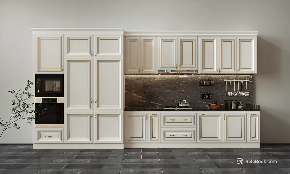 Classic White Kitchen Cabinets With Upper Lower Storage And Dark Countertop Backsplash 3d model 