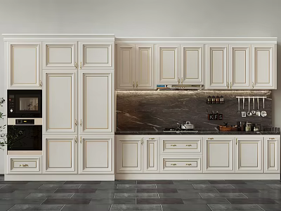 Classic White Kitchen Cabinets With Upper Lower Storage And Dark Countertop Backsplash 3d model
