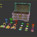 Decorative Ornament Set Featuring Open Treasure Chest Golden Goblets Coins Rings and Colorful Gemstones