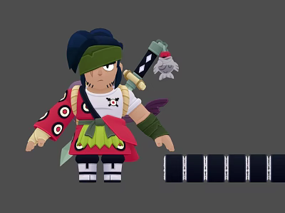 Cartoon Style Man With Green Headband Red Polka Dot Sleeves Sword And Black Blocks 3d model