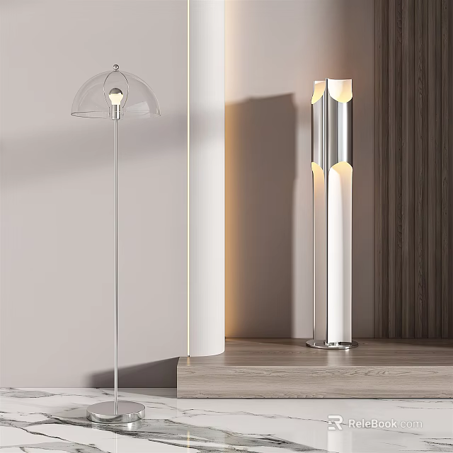 Modern Floor Lamps With Transparent Shade And Geometric Design In Interior Space 3d model 