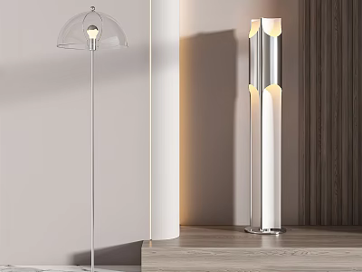 Modern Floor Lamps With Transparent Shade And Geometric Design In Interior Space 3d model