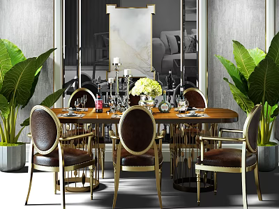 Elegant Round Dining Table Set With Brown Leather Chairs Large Leaf Plants And Floral Centerpiece 3d model