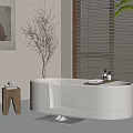 Freestanding White Bathtub in Modern Bathroom with Wooden Floor Side Table Towel Plant and Window Blinds