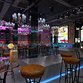 Modern Bar Interior Design With Chandeliers Stained Glass Windows Bar Stools And Stage Lights