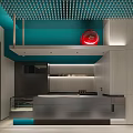 Modern Dessert Shop Interior With Teal And White Design Display Case Sofas Artwork And Perforated Ceiling 3d model