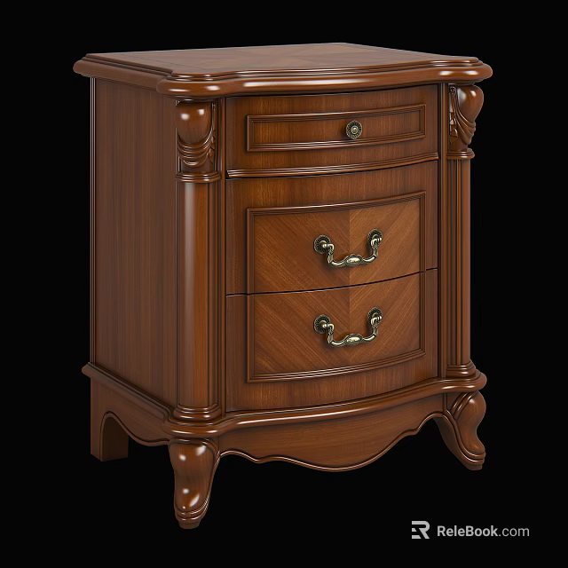 Traditional Wooden Bedside Table Featuring Two Drawers Metal Handles and Carved Legs 3d model 