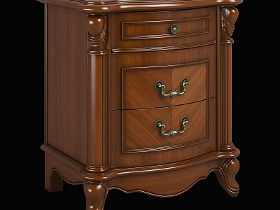 Traditional Wooden Bedside Table Featuring Two Drawers Metal Handles and Carved Legs 3d model