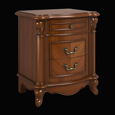 Traditional Wooden Bedside Table Featuring Two Drawers Metal Handles and Carved Legs 3d model