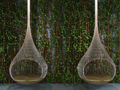 Stylish Rattan Hanging Chair Set Against Lush Green Vine Wall Backdrop 3d model