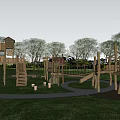 Outdoor Wooden Children's Playground With Climbing Frames Slides And Playhouses In Grassy Area With Trees