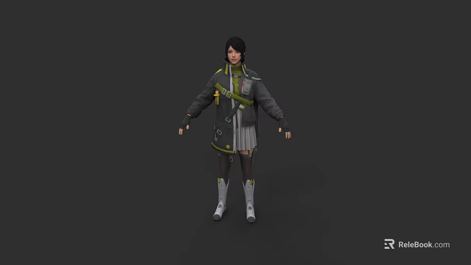 Stylish Green And Black Jacket With Pleated Skirt And Decorative Belt Details 3d model 