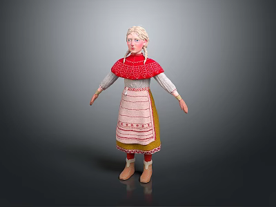 Cute Child Doll In Traditional Costume With Red Top Pink Apron Yellow Skirt And Braids 3d model