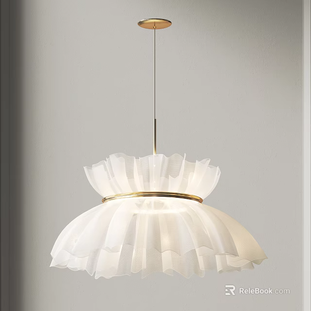 Elegant White Pleated Pendant Light With Gold Ring And Metal Rod Against Gray Wall Background 3d model 