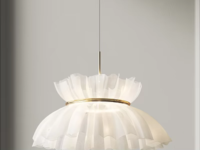 Elegant White Pleated Pendant Light With Gold Ring And Metal Rod Against Gray Wall Background 3d model