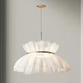 Elegant White Pleated Pendant Light With Gold Ring And Metal Rod Against Gray Wall Background