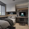 Modern Tatami Bedroom With Storage Cabinets Desk Computer And Wooden Flooring