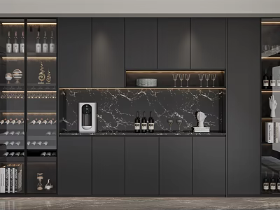 Modern Wine Cabinet Interior With Black Cabinetry Marble Countertop Wine Bottles And Glasses 3d model