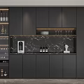 Modern Wine Cabinet Interior With Black Cabinetry Marble Countertop Wine Bottles And Glasses