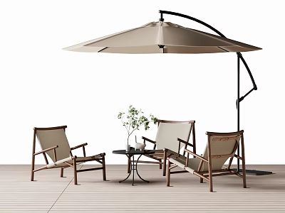 Cozy Outdoor Chairs with Wooden Frame Fabric Cushions Patio Setting Side Table Potted Plant Umbrella 3d model