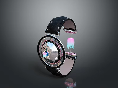Elegant Modern Watch With Black Leather Strap And Transparent Dial Design 3d model