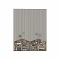 Modern Wooden Bookcase with Toy Cars Books and Decorative Items Against Striped Wallpaper