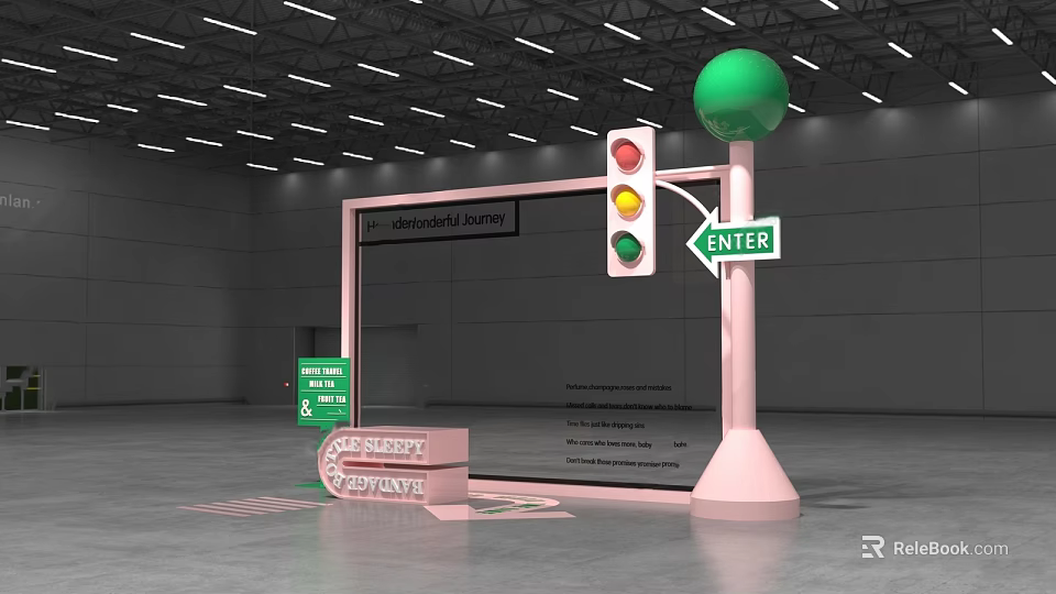 Interactive Zone with Lost And Found Traffic Light Green Sphere Pink Pole And ENTER Sign 3d model