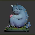 Cute Blue Dinosaur And Pink Pig Cartoon Characters Sitting On Green Grass With Purple Flowers