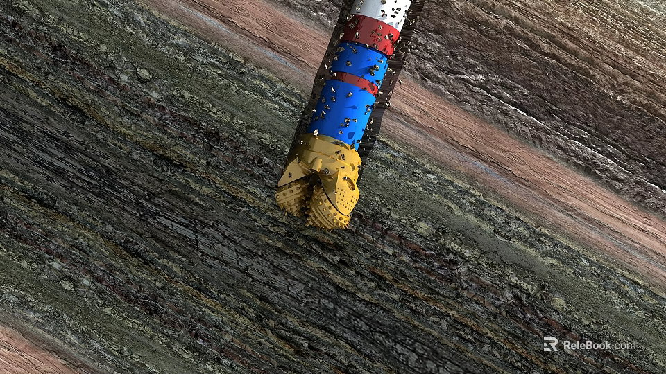 Industrial Drilling Equipment Drill Bit With Blue Red Yellow Sections In Rock Formation 3d model 
