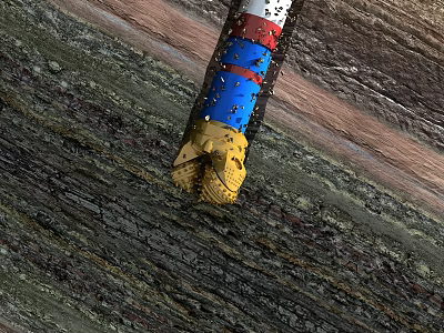Industrial Drilling Equipment Drill Bit With Blue Red Yellow Sections In Rock Formation 3d model