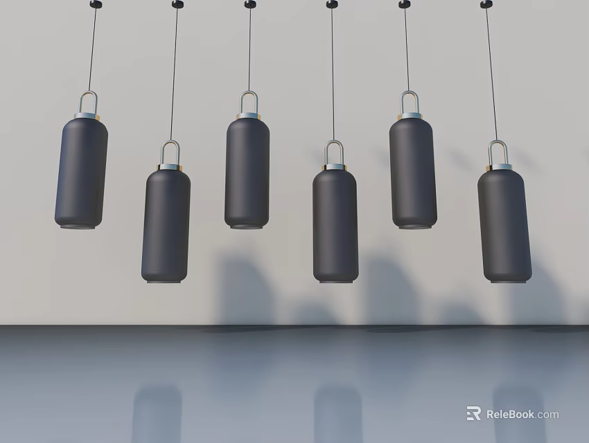 Modern Hinged Door Room With Black Cylindrical Pendant Lights And Reflective Floor 3d model 