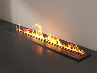 Modern Linear Fireplace With Bright Burning Flames In Minimalist Interior Design 3d model